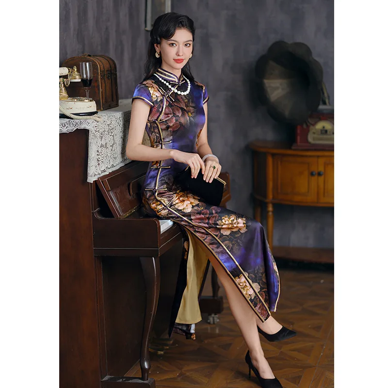 High Quality Purple Real Silk Cheongsam Qipao's Dress High-End Chinese Style