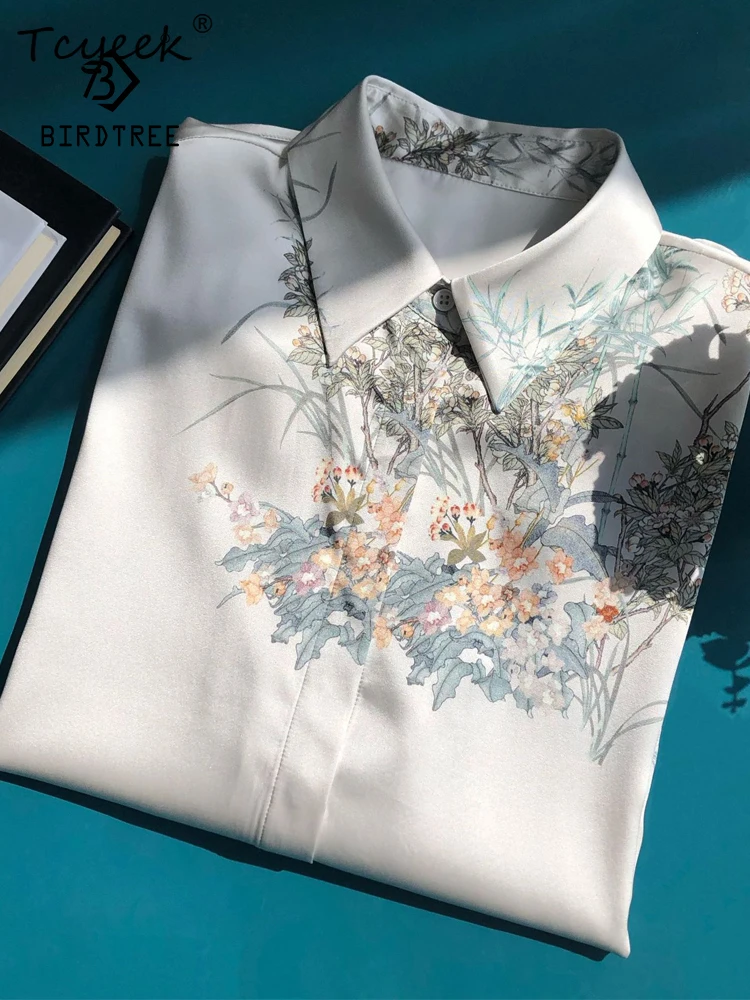 

Tcyeek 19.5MM 95%Mulberry Silk Elegant Printed Shirt Women Long Sleeve National Style Shirt For Women Autumn New T3D524QC