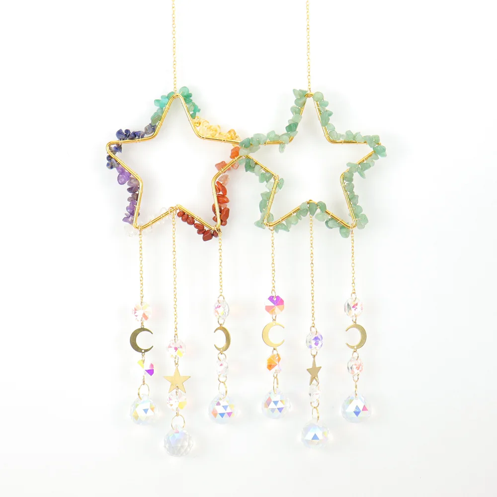 Handmade Sun Catcher Natural 7color Chakra Stone Hollow-out Stars With Alloy Moon Colorful Glass Crystal Pendant Christmas Gift