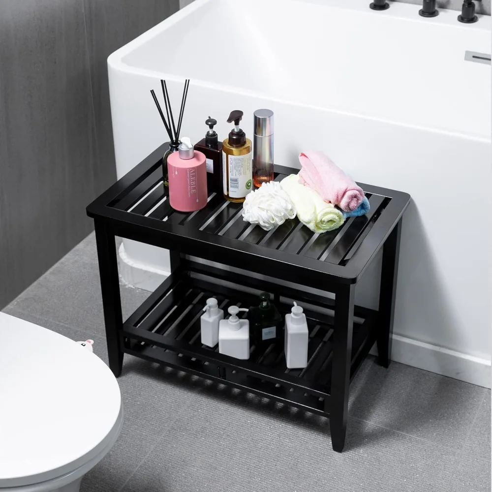 

Bamboo Shower Bench Seat with Storage Shelf Shower Stool Chair for Shaving Legs in Bathroom & Inside Shower 24 X14 X 18.2 Inches