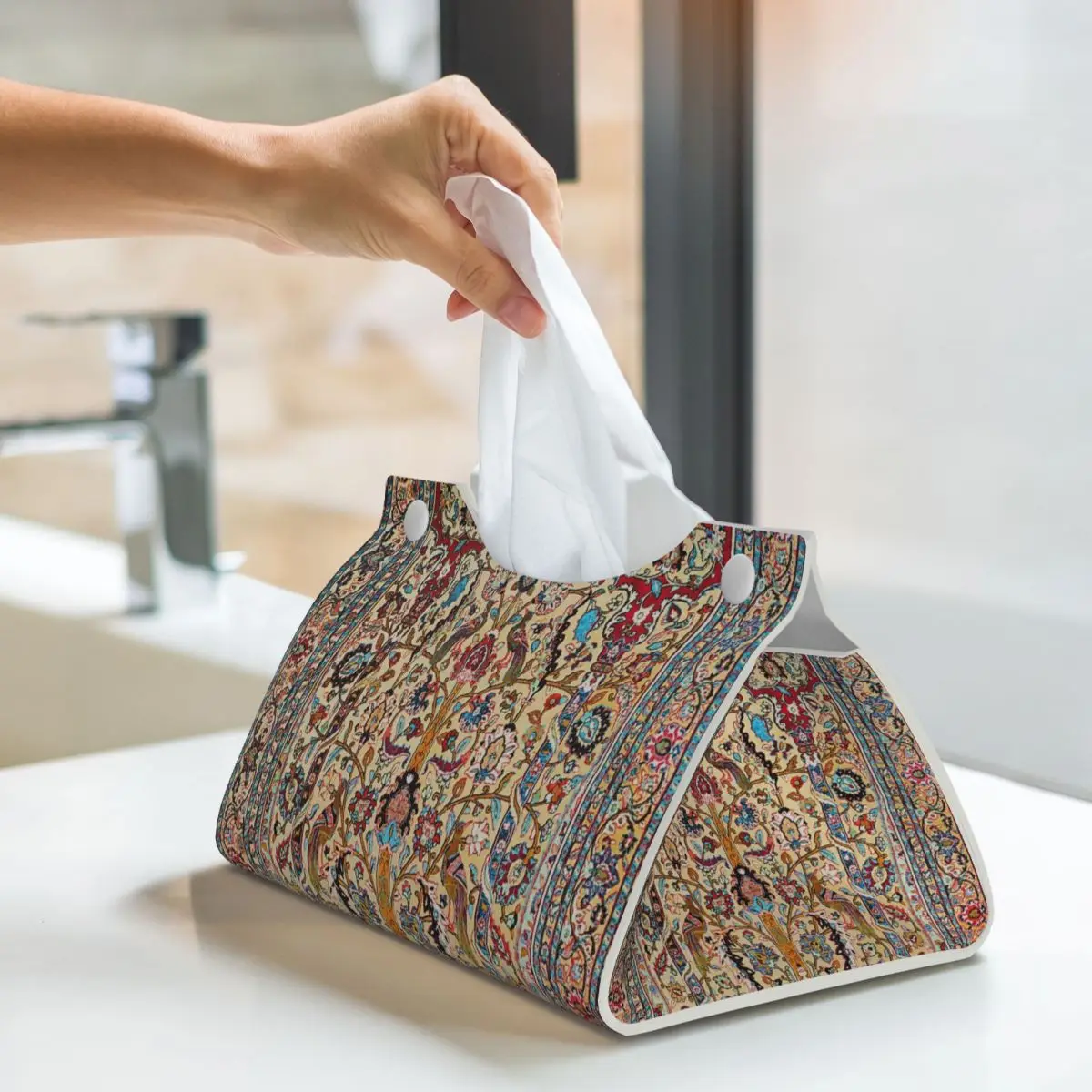 Custom Persian Tissue Box Cover for Bathroom Home Bohemian Turkish Ethnic Kilim Rectangular PU Leather Facial Tissue Box Holder