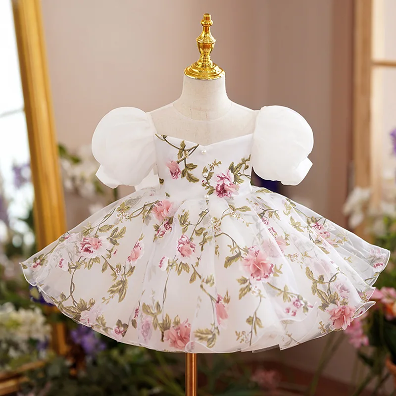 New Children Flower Printed Wedding Princess Ball Gown Girls Cute Bow Design Birthday Party Dress g228