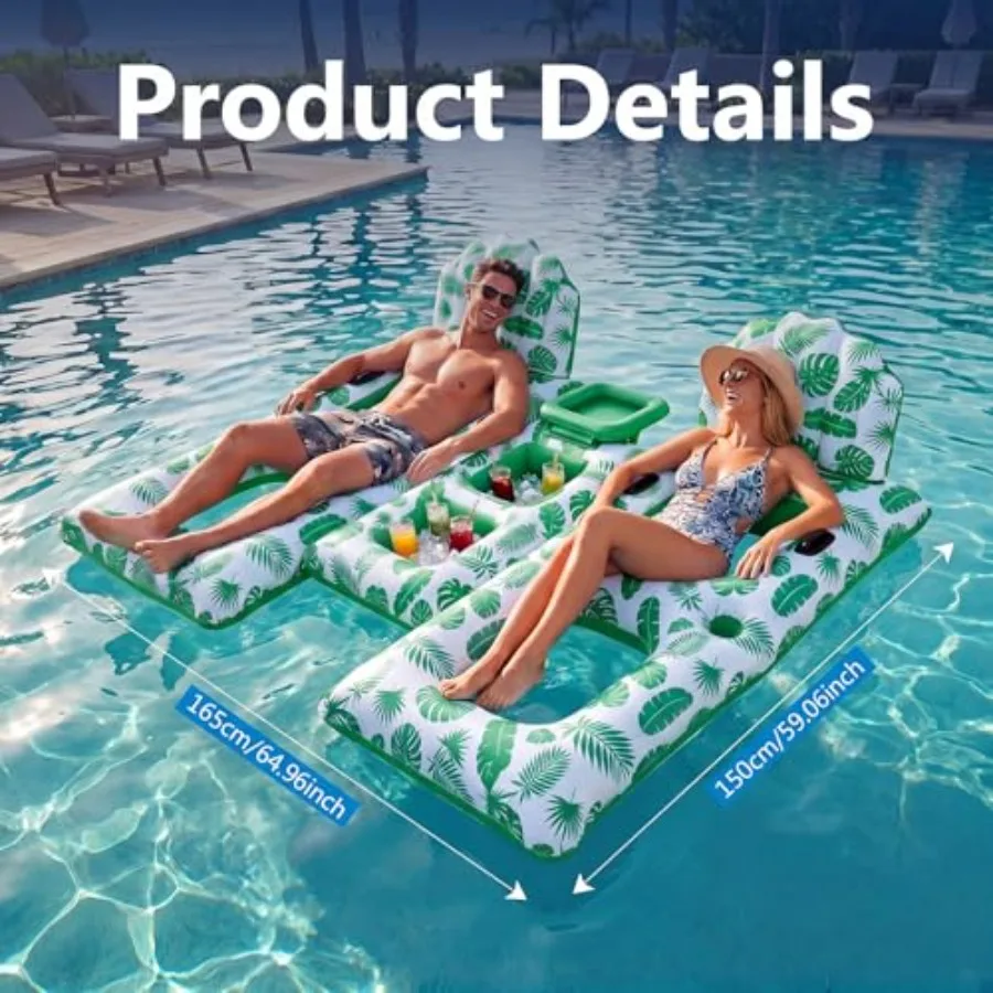 Adult Inflatable Pool Float Lounge For 2 People With Cooler Backrest Cup Holders And Grab Handles In Blue Vinyl For Swimming Be