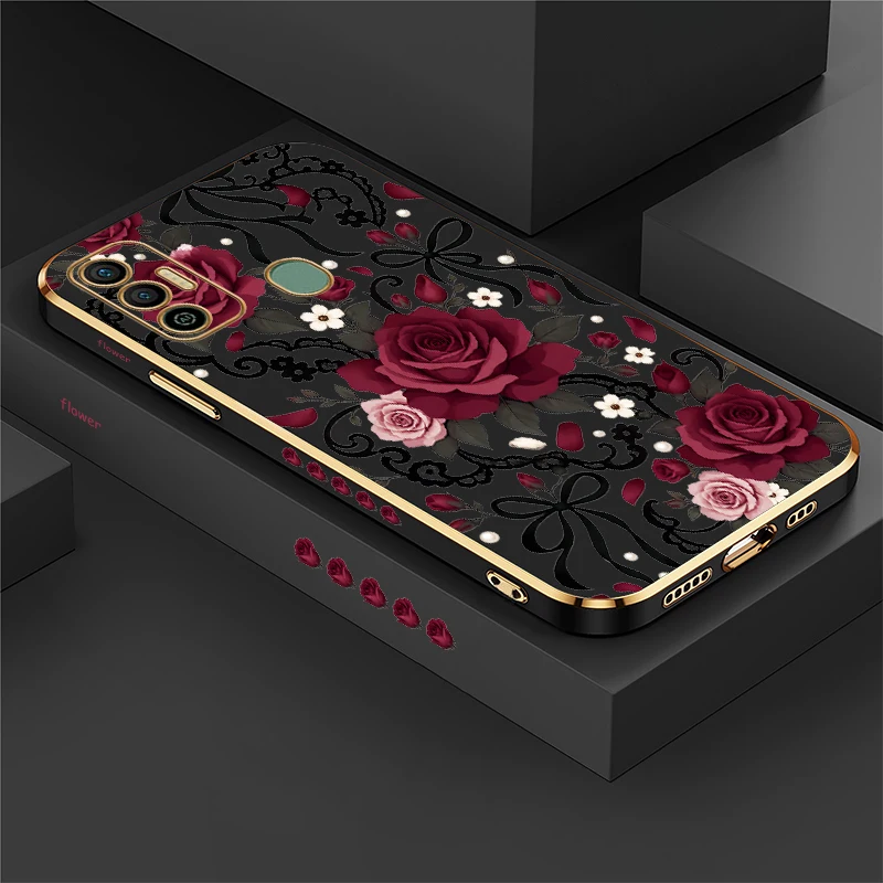 Red Rose Bow tie Pattern Phone Case For Tecno Spark 20 Pro 8C 7 Pro 7T 6 Go 1 5Air Plating Silicone Soft Anti Scratch Cover Capa