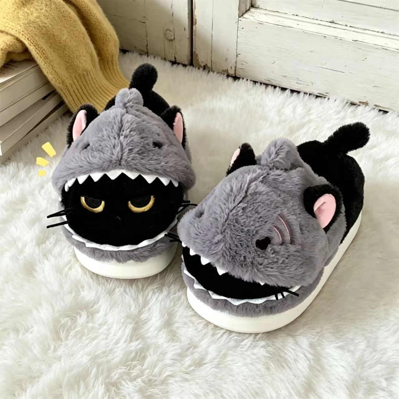 Autumn and Winter New Shark Cat Grey Black Warm Plush Cotton Slippers for Home Indoor Anti slip Thick Bottom Skin friendly