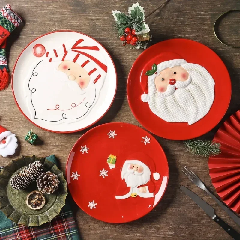 

Santa Plates Dinner Set, Hand-painted Dolomite Dish, Christmas Gift Embossed Plates, Large Candy Cake Serving Tray.