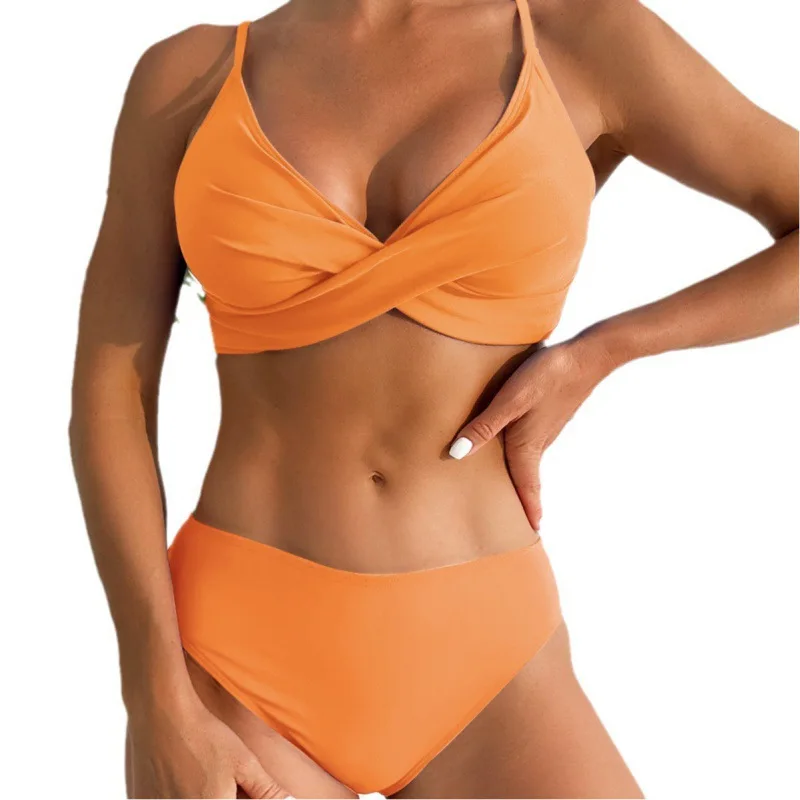 Sexy Cross Strap Bikini Solid Color Split V-Neck High Waist Swimsuit Women's Beachwear with Chest Pads and No Wire Ring