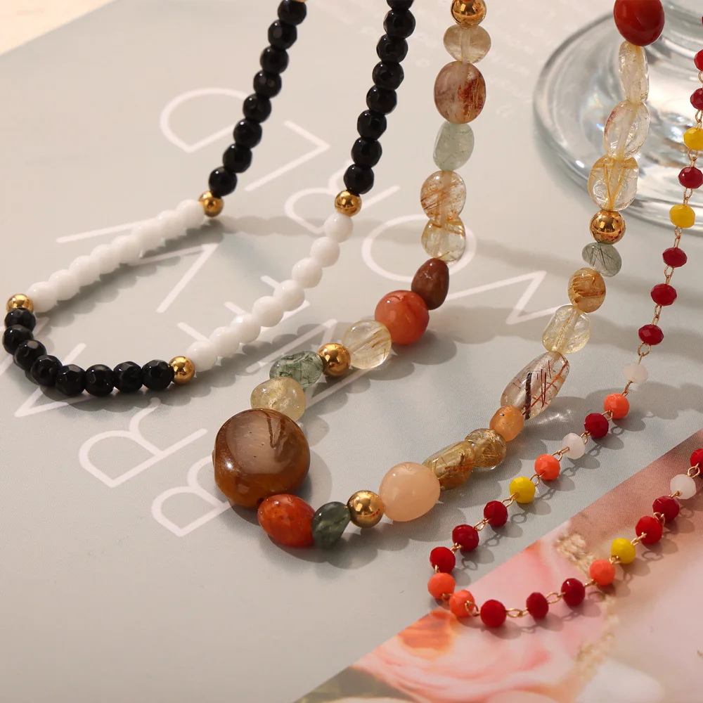 Nivora Natural Stone Beads Chain Necklace For Women Stainless Steel Tiger's Eye Stone Colorful Agate Women Neck Choker Jewelry