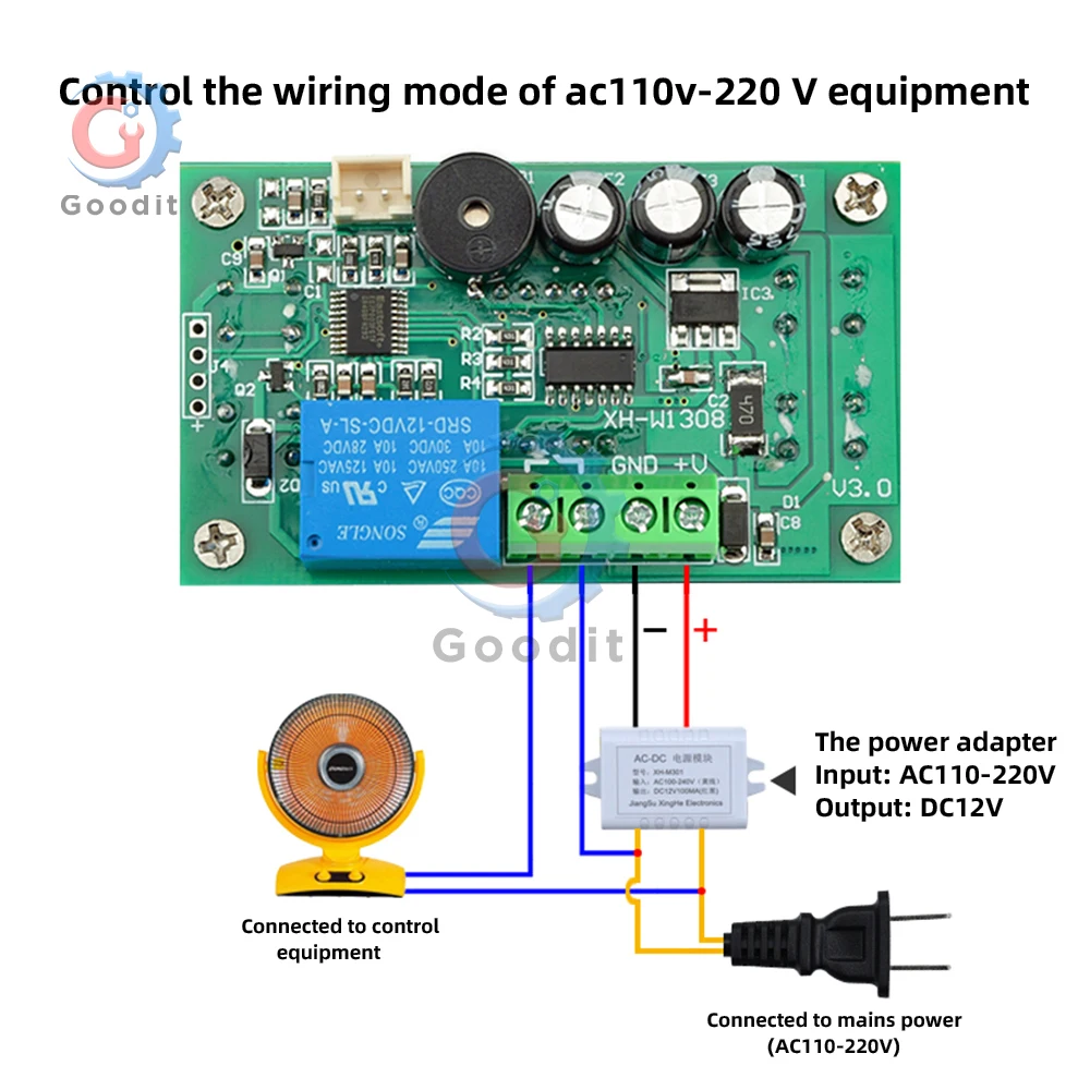 W1308 Digital Temperature Controller -55℃~110℃ AC110V/220V with Alarm & Lock, NTC Probe, Blue/Red Display 10A Relay Output