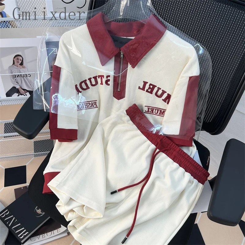 

American Retro Lapel Shirt Short Sleeved T-shirt Set Men Women Summer High-end Color Contrast Loose Sports Preppy Two-piece