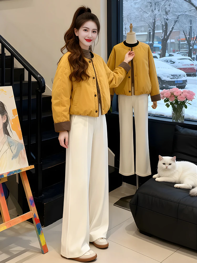 

Yellow Color Blo Cotton Jaet Women's Loose Warm Coat Autumn Winter New Sle Commute Korean Version Non-Hooded Long Sve