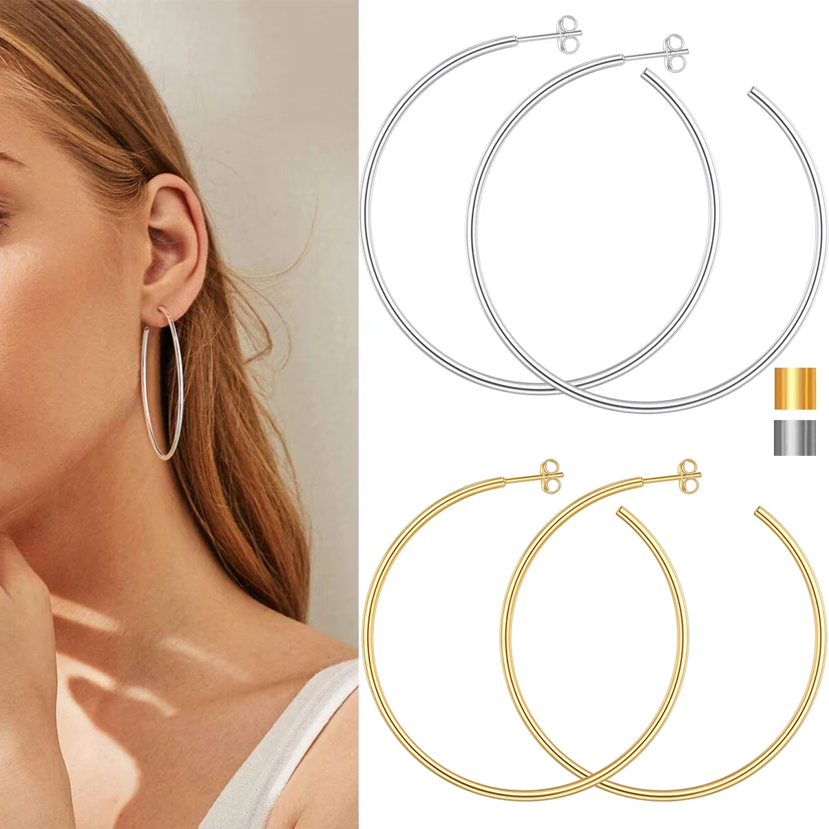 U7 60mm Large Hoop Earrings for Woman Big Shinny Plain Round Tube Lightweight Hyperbole Hoop Earrings Jewelry Gift