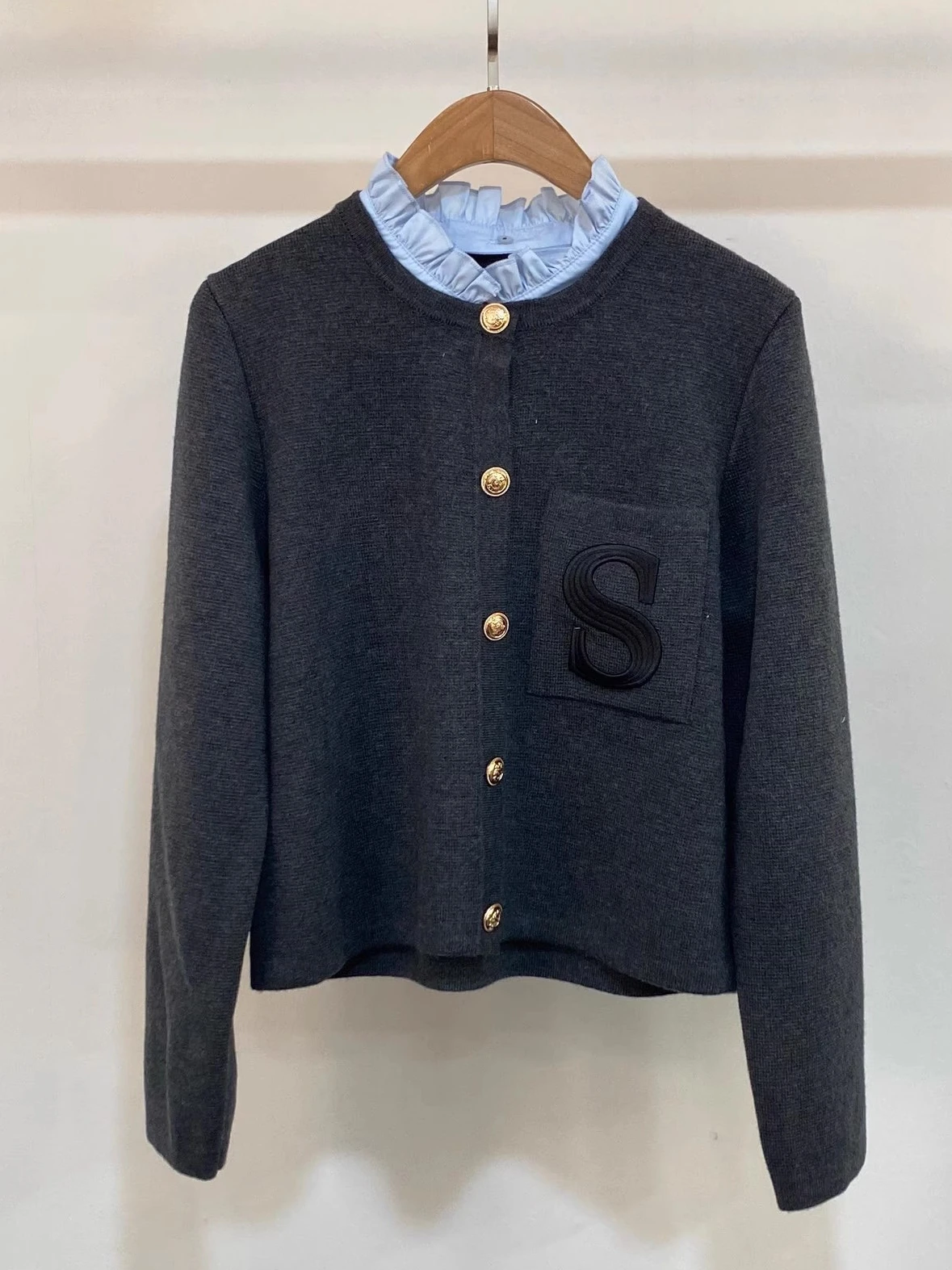 S-Home Knitted Sweater Vintage Grey Detachable Wood Grain Ruffle Long Sleeve round Neck Sweater Autumn Short Outerwear