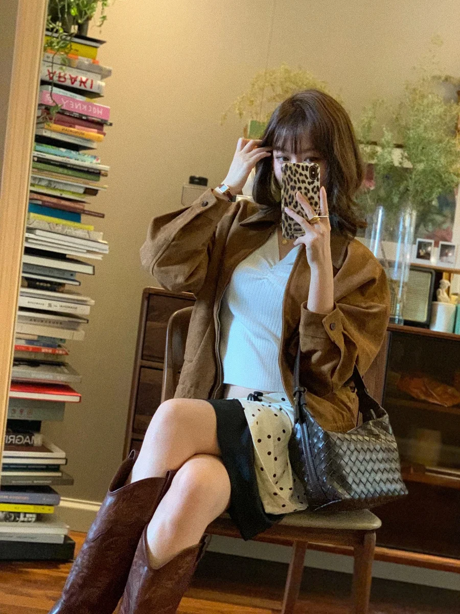 

Nekodiary Loose Suede Jaet ort Outerwear Color Blo Collar Barn Brown Retro Sle Women's Ci Coat