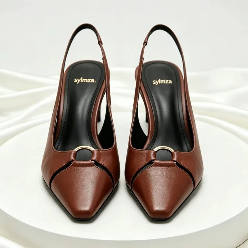 Retro Brown Designer High Heels for Ladies Metal Ring Design Elegant Backless Sandals Sexy Pointed Toe Back Strap Dress Pumps
