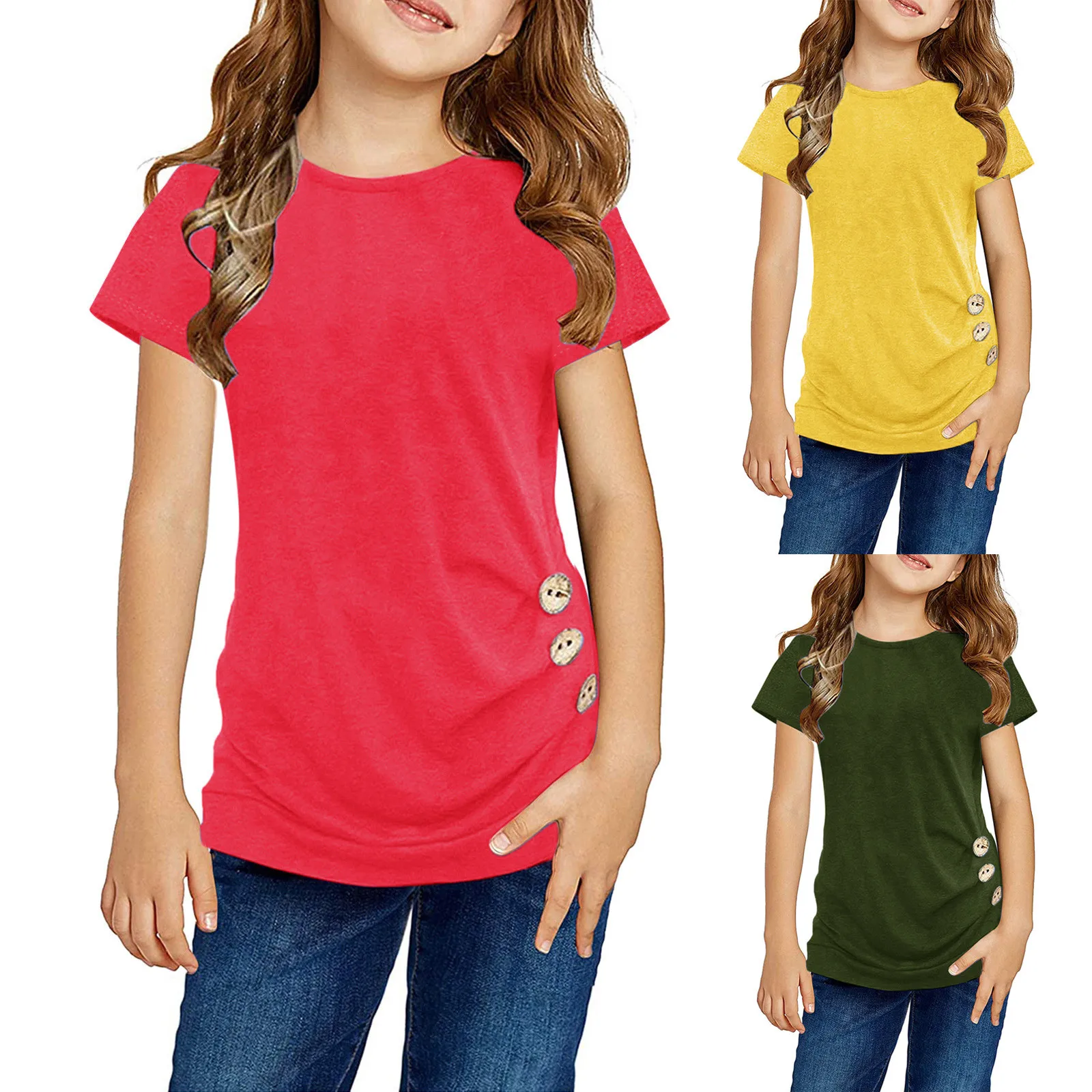 4-13Y Kids T Shirts Little Girls Casual Tunic Tops Knot Front Button Short Sleeve Blouse Tee Tops Summer Clothes детская одежда