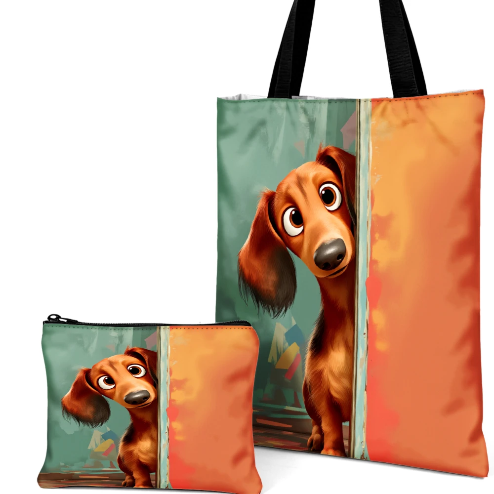 1/2pc Tote Bag Orange And Teal Dachshund Dog Print Shoulder Bags And Cosmetic Bag Combination Travel Storage Pouch