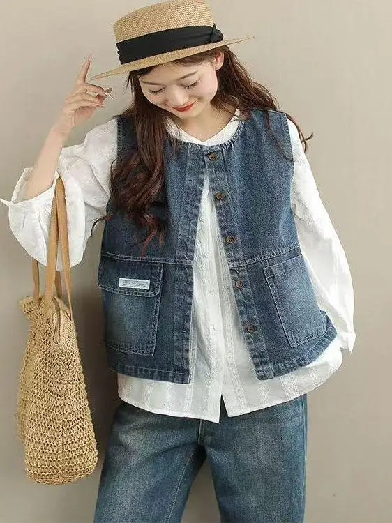 

Retro Denim Jaet Women's Spring New Versatile Workwear Vest Faion ort round Ne Layering oulder Pad Jaet Trendy