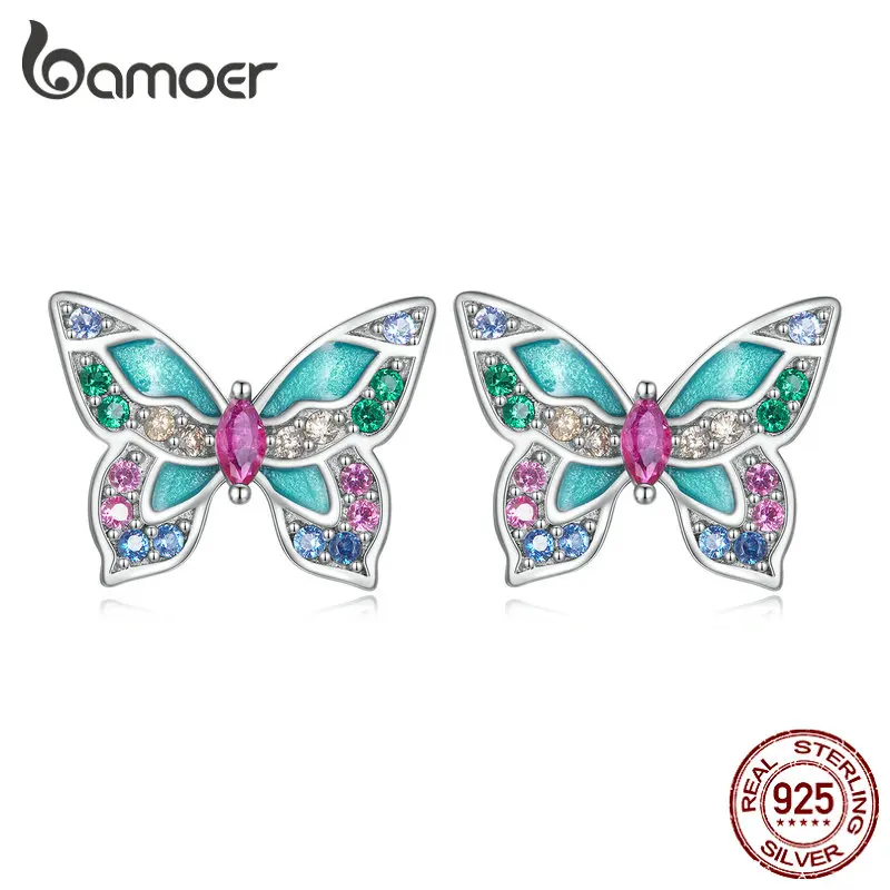 Bamoer 925 Sterling Silber Bunte Zirkon Schmetterling Stud Ohrringe für Frauen Geburtstag Party Mode Edlen Schmuck BSE807