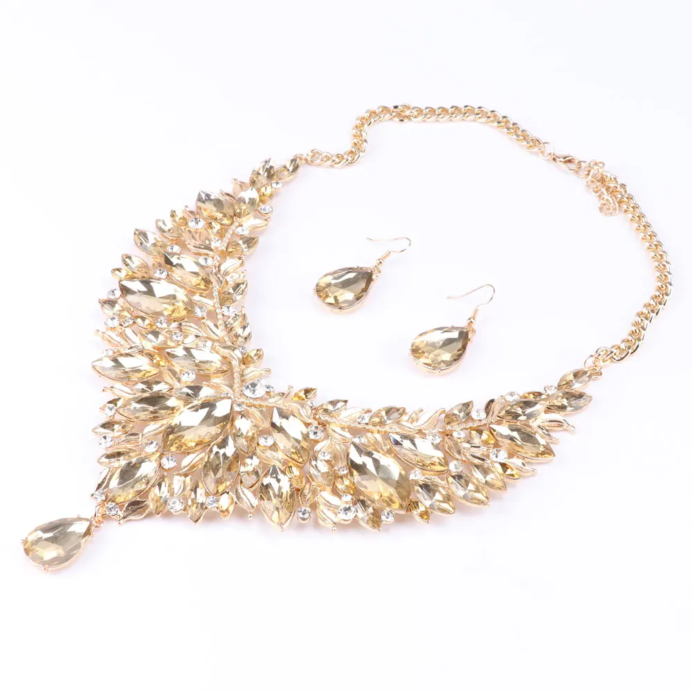 CYNTHIA Crystal Rhinestone Women Jewelry Sets Bridal Wedding And Party Dress Leaves Shape Necklace Earrings