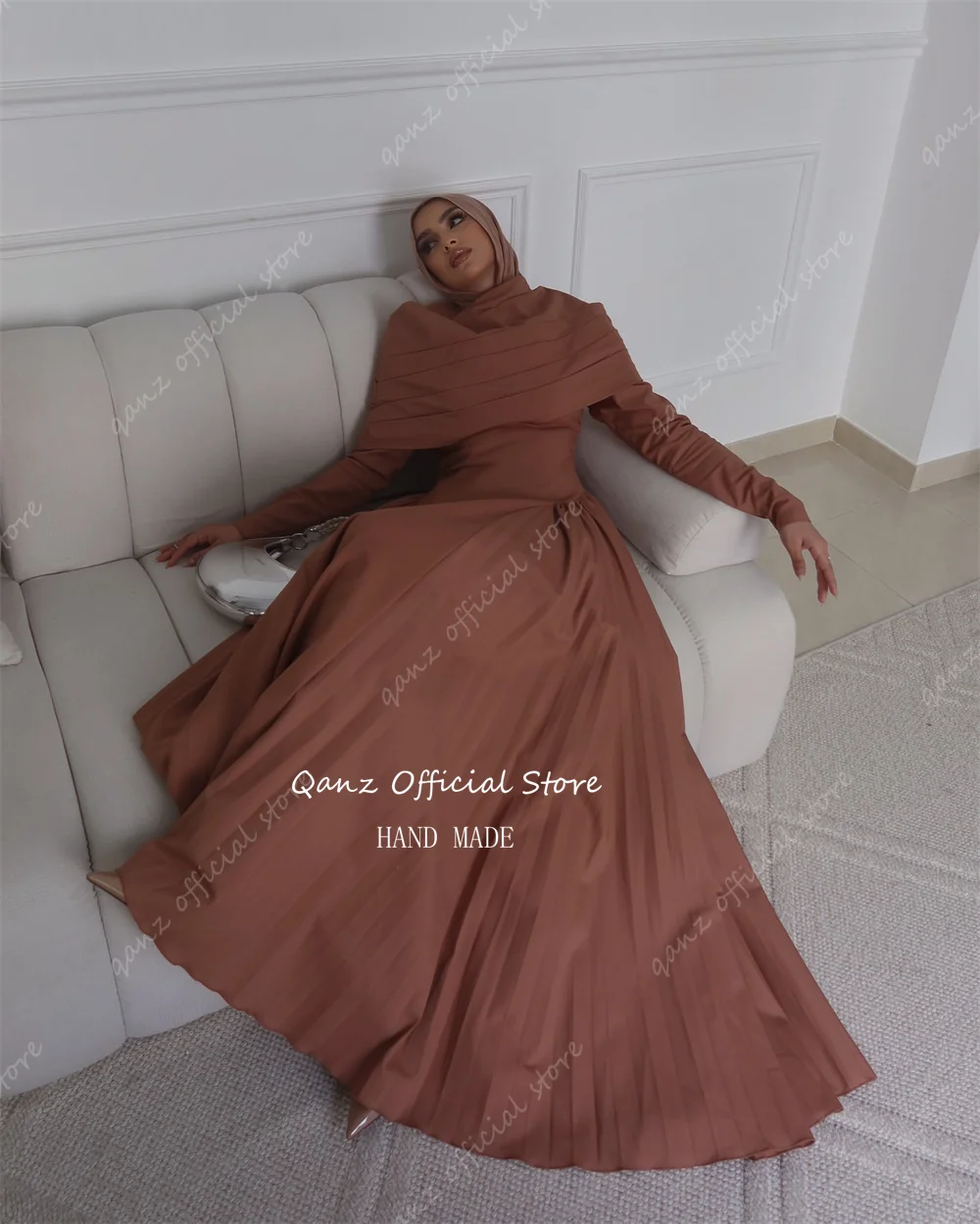 Qanz Eid Muslim Evening Dresses Women Long Sleeves Pleat Islam Vestidos Arab Long Robe Ramadan Morocco Dubai Abayas Customized