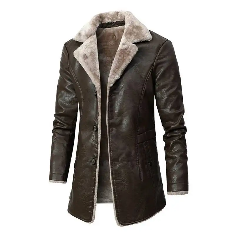 

2026 Men Long Thick Fleece PU New Winter Fashion Suit Collar Men's Windbreaker Leather Jacket Coats