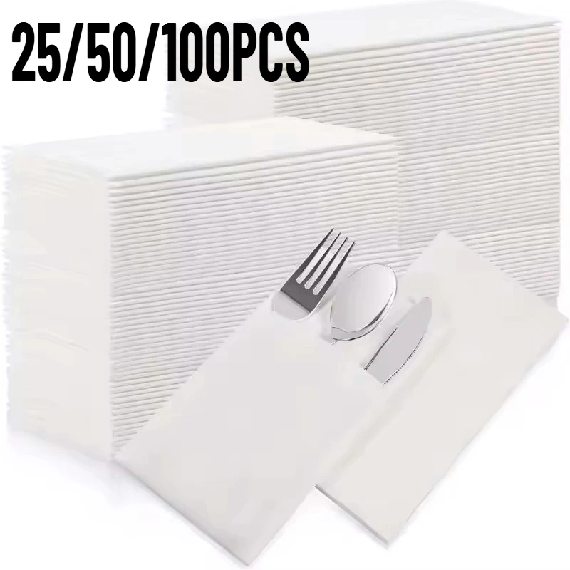 25/50/100 قطعة مناديل ورقية بيضاء مطوية مسبقًا مدمجة في أدوات المائدة جيب المناديل القابل للتصرف لعيد الميلاد حفل زفاف مقهى لوازم #1