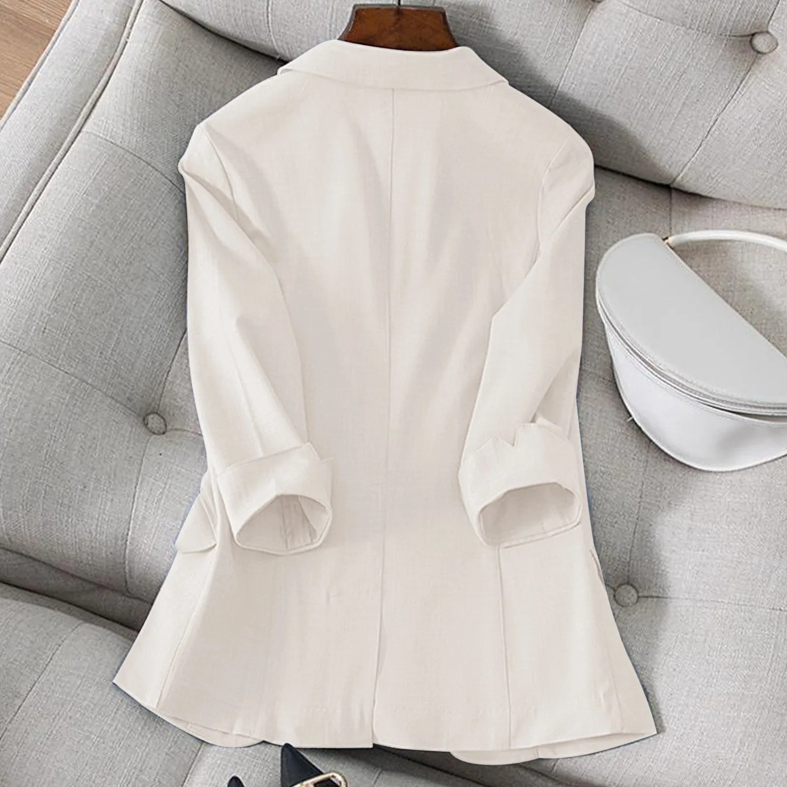 Women\'s Solid Color Small Suit Jacket With 3/4 Sleeves And Button Up Pocket Spring And Summer Korean Style Slim Fit Suit Top