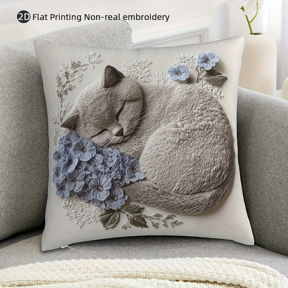 2D  Sleeping Cat Pillow Cover Cute Hydrangea Kitten Print Cushion Case for Sofa Couch Boho Cat Lover Home Decor Gift