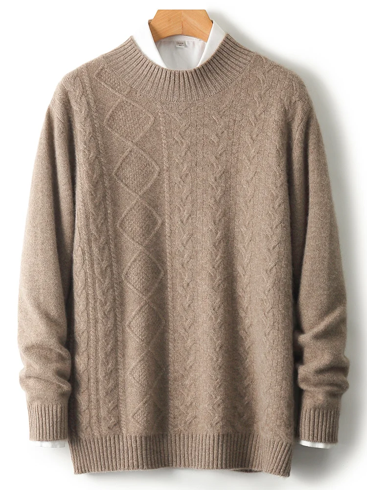 

Мужской свитер из 100% мериносовой шерсти, осенне-зимний, уютный, вязаный, толстый, мягкий джемпер с воротником-стойкой, повседневный, модный, с узором косичка