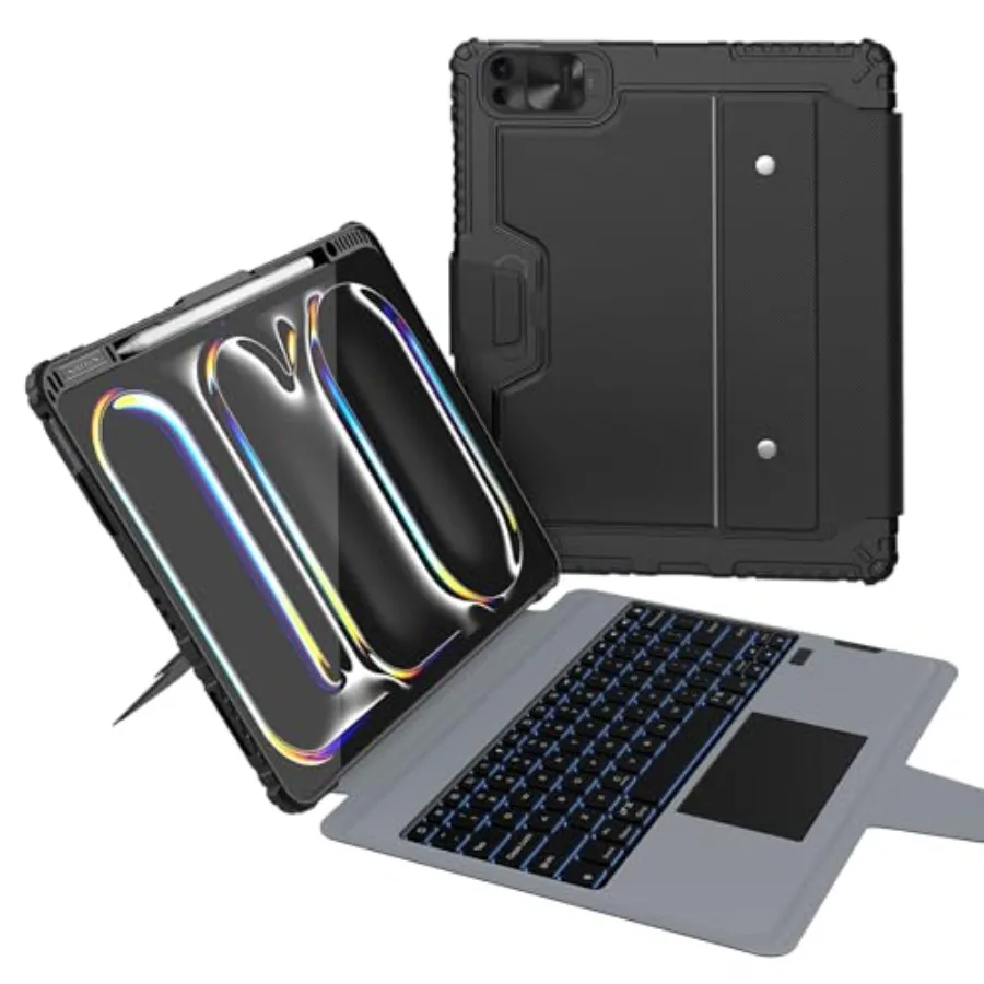 

iPad Pro 13 inch case for M5 2025/M4 2024 with detachable rugged keyboard Magic Trackpad 7-color backlit keys camera cover port