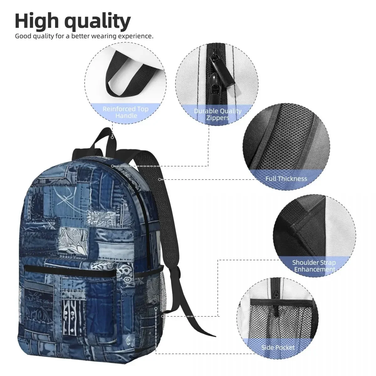 Blue Faux Denim Patchwork Quilt Backpack Daypack Large Capacity Children BookBag School Bag Shoulder Bags for Men Women