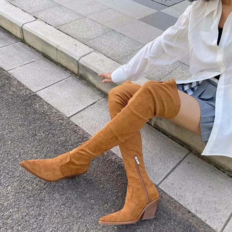 

New Side Zip Over-Knee-High Boots Women Pointed Toe Western Cowboy Boots Thick High Heels Women Knights Boots Botas de mujer