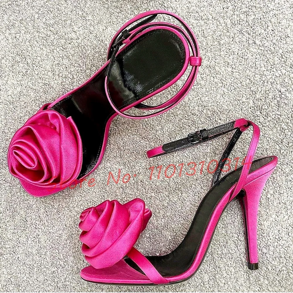 

Rose Flower Satin Heels Sandals Women Silk Wedding High Heels Sandals Luxury Open Toe Ankle Strap Elegant Summer Evening Sandals