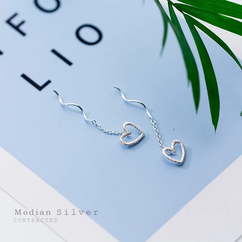 Modian Hot Vintage Frosted Hearts Long Chain Drop Earrings for Women Solid 925 Silver Jewelry Dangle Earring Female Brincos