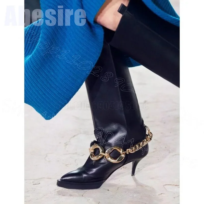 

Gold Chain Decor Black Pointed Toe Runway Boots Slip On Women Shoes Thin High Heels Party Feast Dating 2025 Zapatos Para Mujere