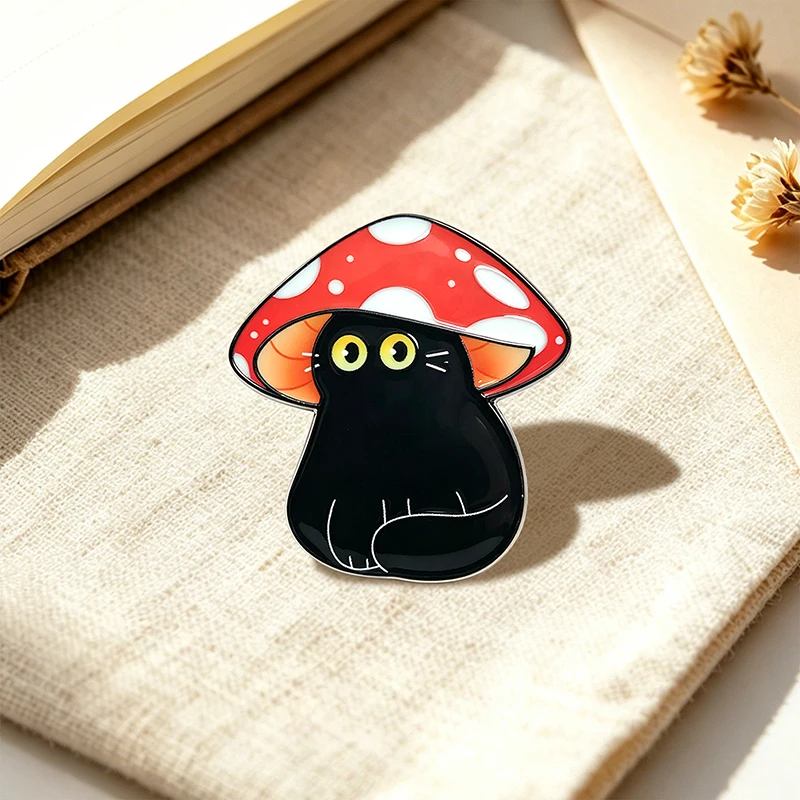 Cute Black Cat Mushroom Pins 4-style Enamel Cartoon Fantasy Animal Brooch Pin On Bags Clothes Lapel Badge Gifts