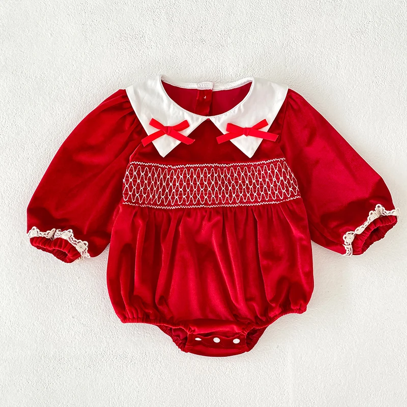 Baby Mädchen Roter Samt-Body mit Schleife Langarm Neugeborenen Party Geburtstags-Outfit Herbst Weihnachten Süßer Baby-Strampler 0-24M – Detail 4