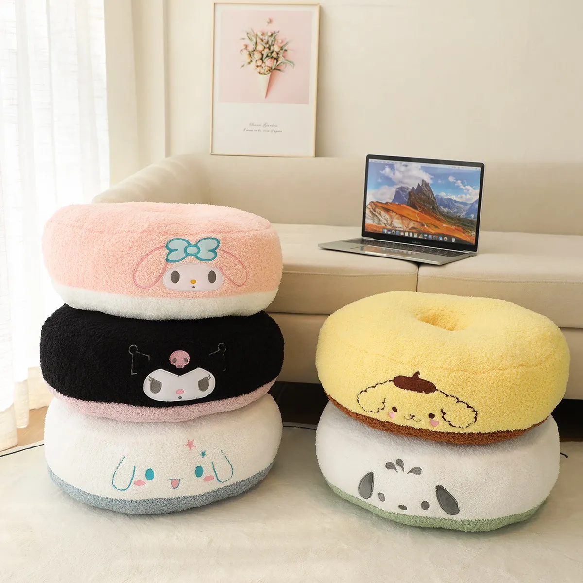 Sanrio Cartoon Anime Kuromi Pom Pom Purin pluszowa poduszka do siedzenia urocza moja melodia okrągła wygodna Sofa poduszka na prezent dla dziewczynki