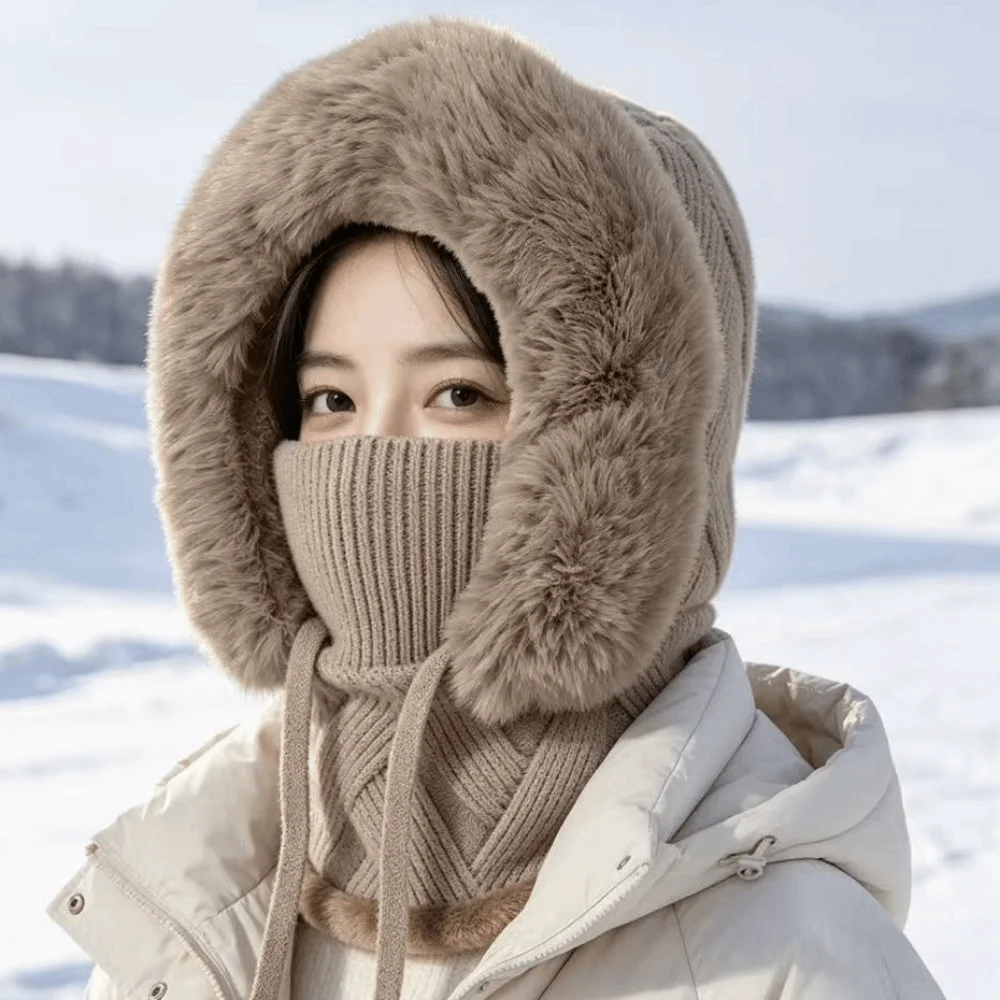 Trim Winter Thick Hat Diamond Pattern Ear Coverage Women's Knitted Ear Protectors Scarf Warm Lining Drawstring