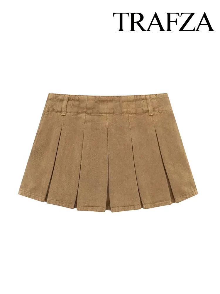 TRAFZA Women's Summer Low Waist Pleated Side Pull Casual Skirt Ultra Short Women's Mini Skirt Retro Khaki Short Culottes Y2K