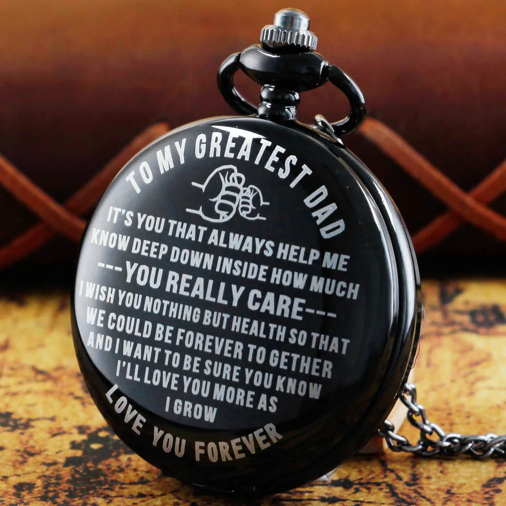 

Large pocket watch Black engraved TO MY DAD Male Best Gift clamshell long necklace hanging watch alloy pocket watch