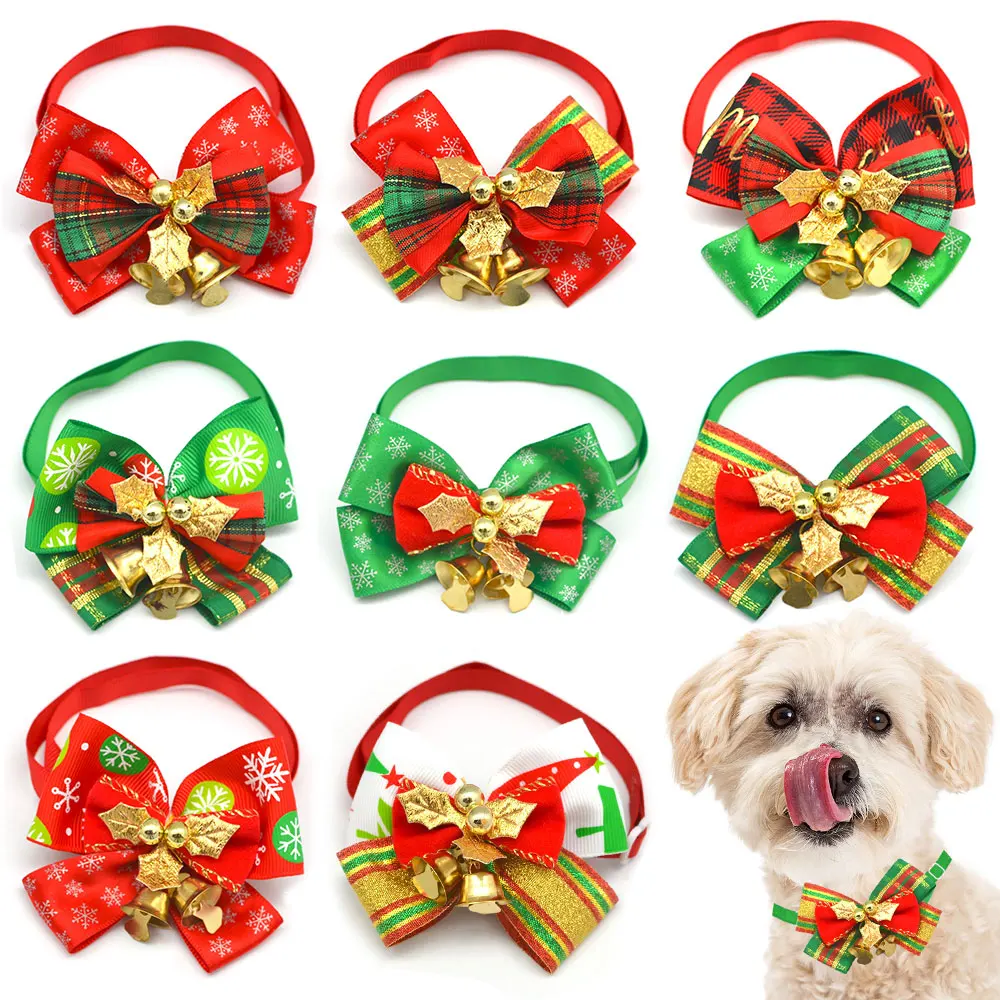 30/50PCS Christmas Party Dog Bow Ties With Bell Adjustable Pet Bowties Neckties For Dogs Wholesale Pet Grooming Accessories