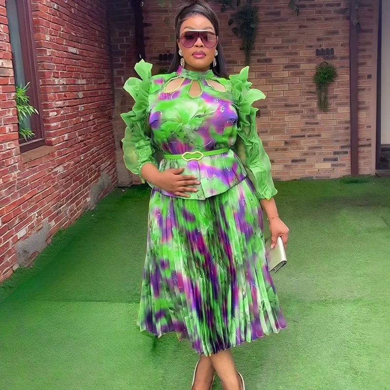 الملابس الأفريقية للنساء 2 قطعة مجموعات بلوزات والتنانير الدعاوى Dashiki أنقرة تركيا وتتسابق ثوب حجم كبير فساتين حفلات الزفاف