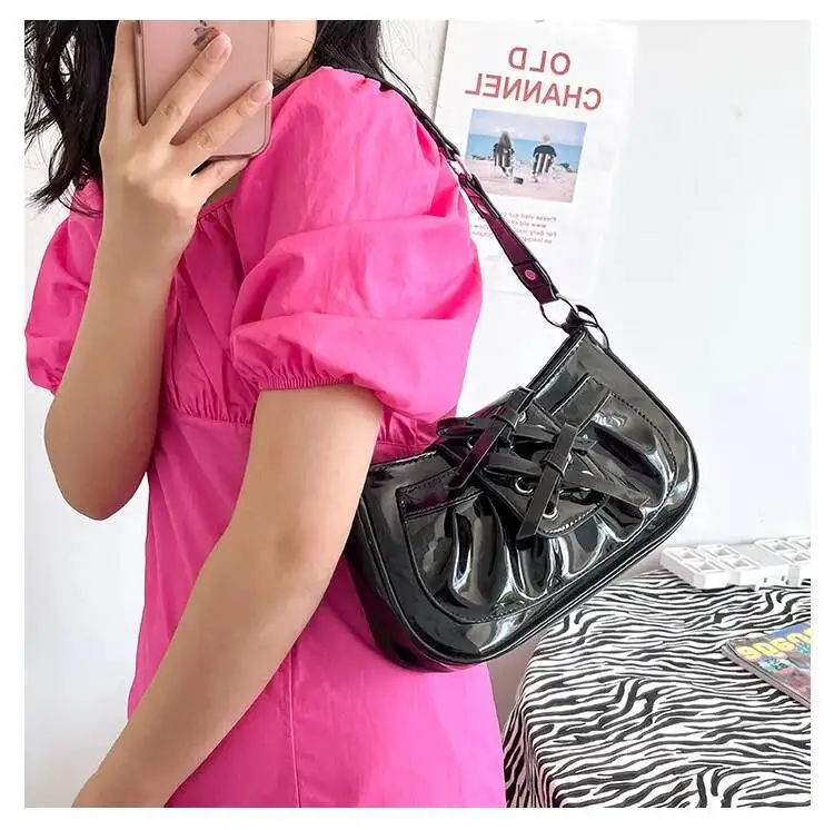 Bloom Sweet Cool Black Women Hot Girls Bow Mirror Chic Half Moon Shoulder Bag Female Haruku Aesthetic Y2k Handbag