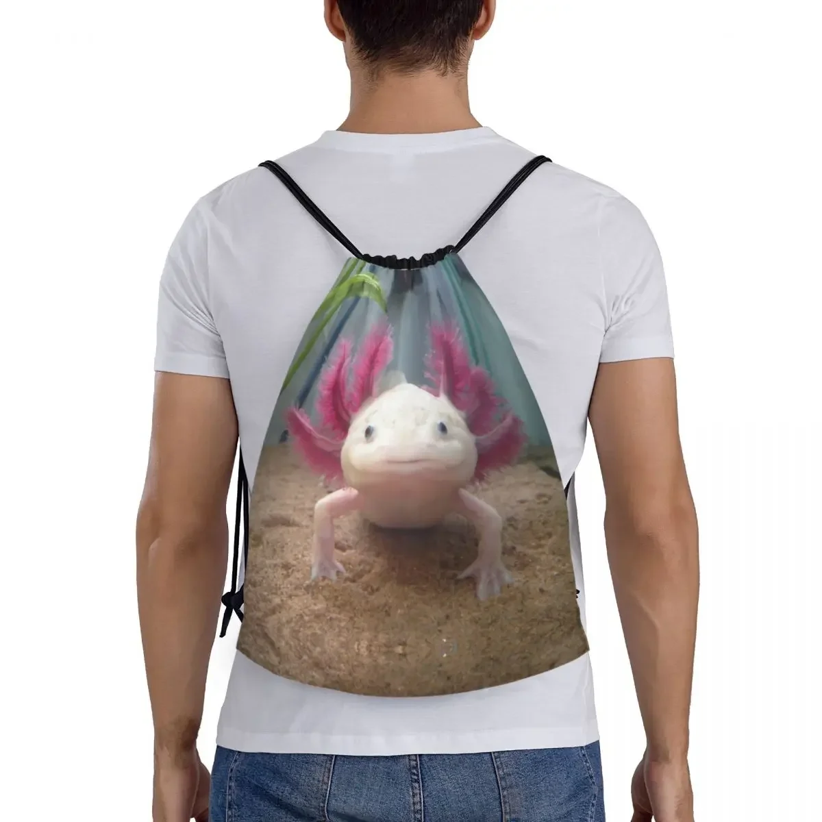 Sorridente Leucistic Axolotl Drawstring Bags para homens e mulheres, Mochila de ginástica esportiva portátil, Mochilas Salamander Animal Shopping