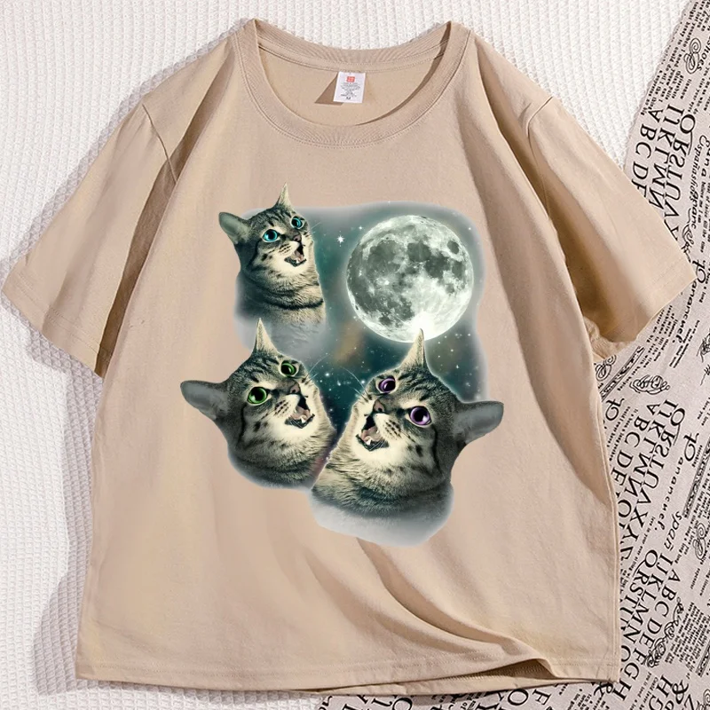 

Three Cat Moon T Shirt Man Cotton Short Sleeve Funny Cat Parody T-shirt Wolf Moon Cat Cute Kitten Tshirt Male Clothes Tops