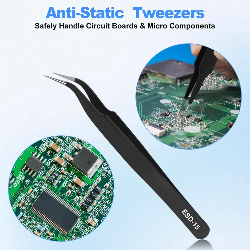 A74E-Precision Tweezers Set,Upgraded Anti-Static Stainless Steel Tweezers, For Electronics Repair, Model Building