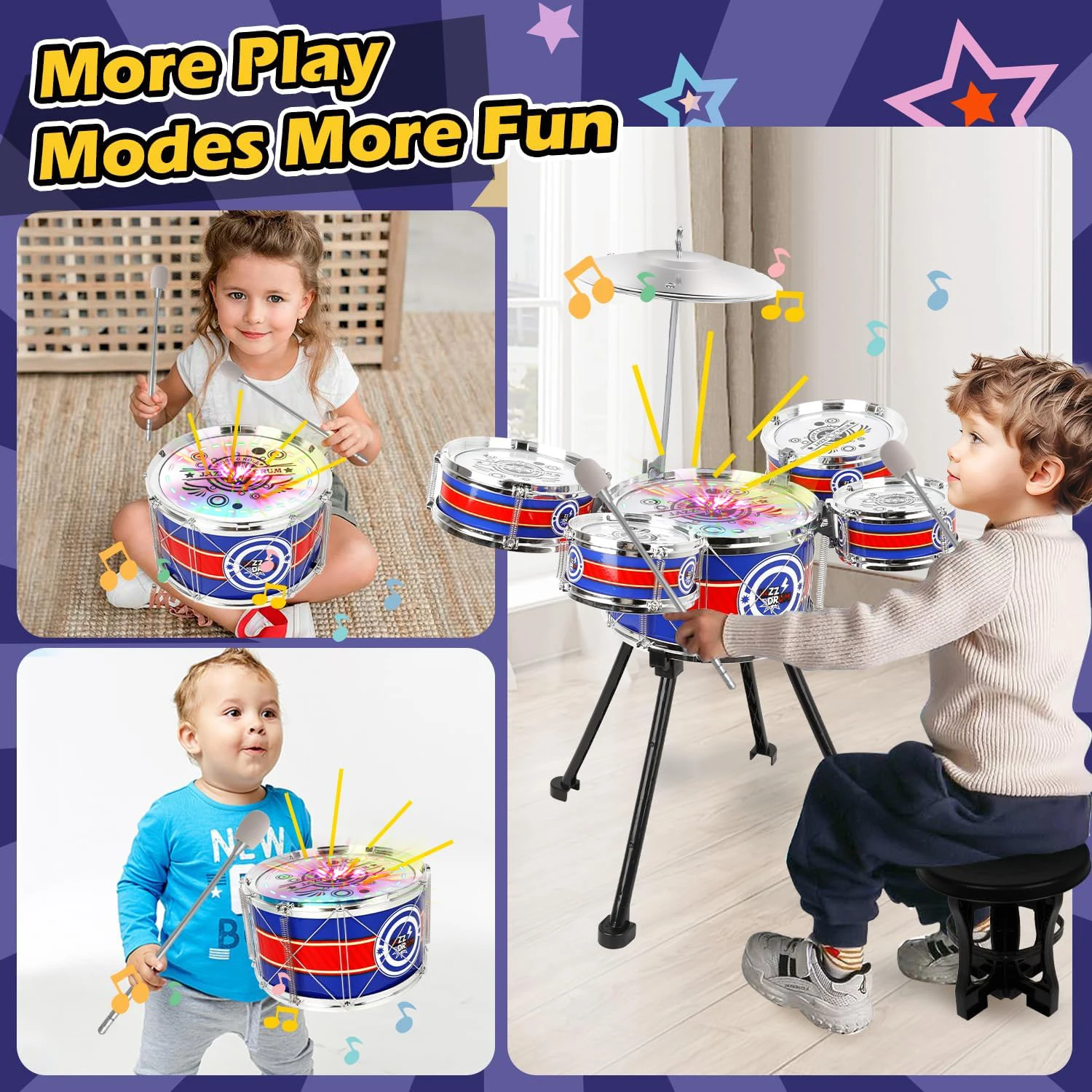 Juego de tambor para niños, instrumento Musical de Jazz, 5 tambores + 1 platillo con taburete pequeño, Kit de tambor, juguetes con luces