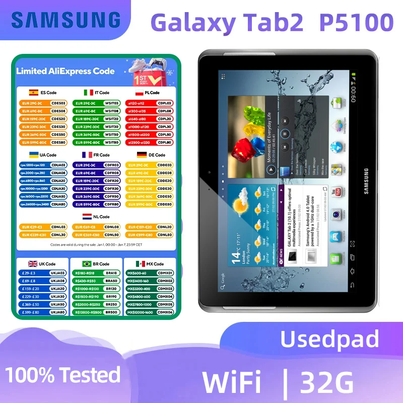 Samsung GALAXY Tab 2 P5100  LTE 10.1inch TFT  1280x800  7000mAh 3MP Camera Android  used pad